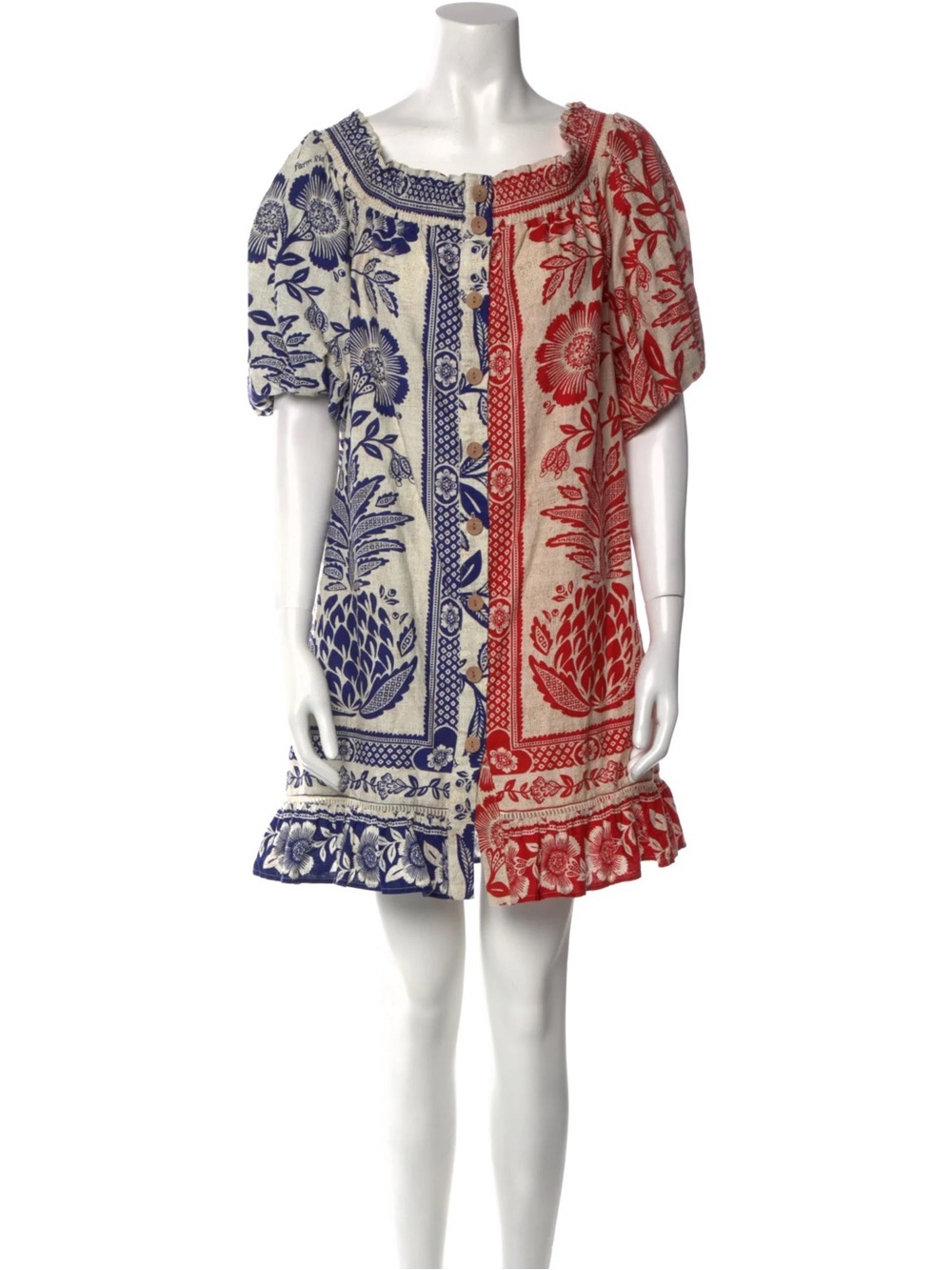 FARM Rio Red and Blue Floral Block-Print Cotton Dress